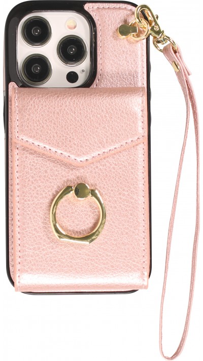 Coque iPhone 15 Pro - Etui élégant look cuir DeLuxe avec portefeuille + anneau de support - Rose