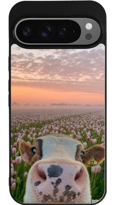 Google Pixel 9 Pro XL Case Hülle - Silikon schwarz Cow with tulips Spring 2026