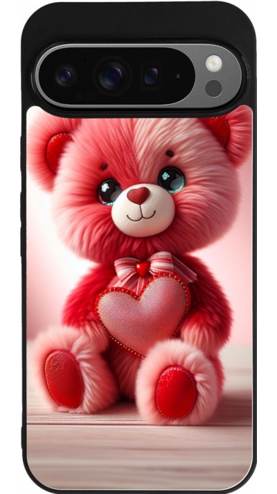 Coque Google Pixel 9 Pro XL - Silicone rigide noir Valentine 2024 Ourson rose