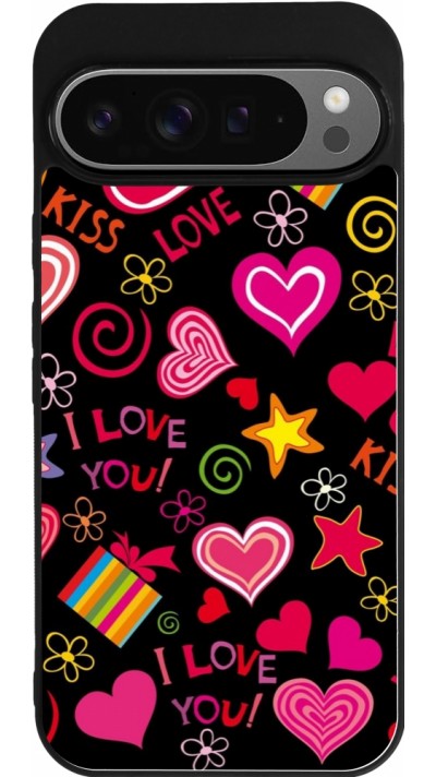 Coque Google Pixel 9 Pro XL - Silicone rigide noir Valentine 2023 love symbols
