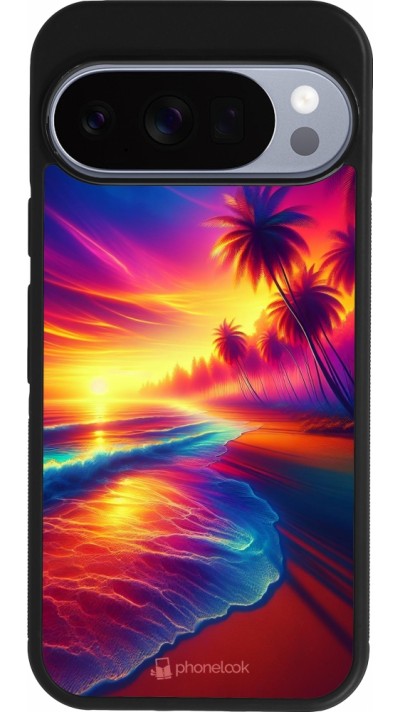 Coque Google Pixel 10 / Pixel 10 Pro - Silicone rigide noir Plage coucher soleil flashy