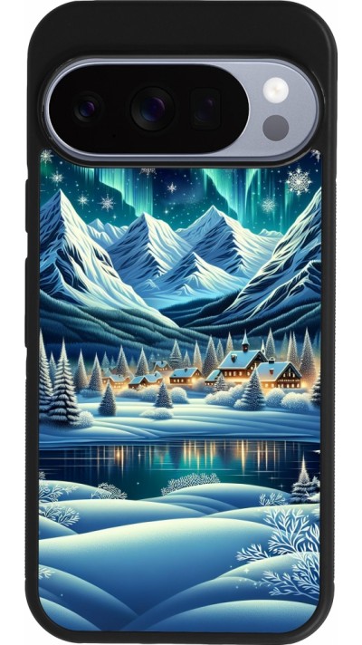 Coque Google Pixel 10 / Pixel 10 Pro - Silicone rigide noir Snowy Mountain Village Lake night