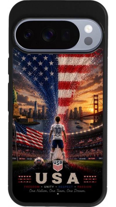 Coque Google Pixel 10 / Pixel 10 Pro - Silicone rigide noir Football États-Unis splash 2026