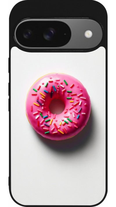 Coque Google Pixel 9 / Pixel 9 Pro - Silicone rigide noir Weißer Hintergrund, pinker Donut