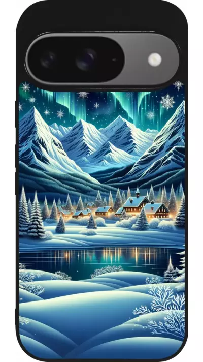 Coque Google Pixel 9 / Pixel 9 Pro - Silicone rigide noir Snowy Mountain Village Lake night