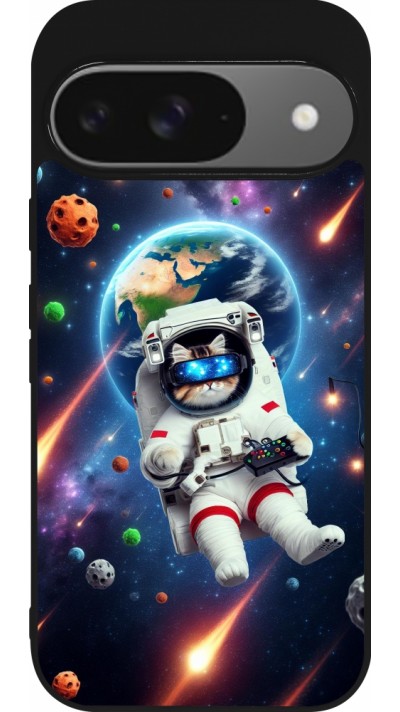 Google Pixel 9 / Pixel 9 Pro Case Hülle - Silikon schwarz VR SpaceCat Odyssee Google Pixel 9 / Pixel 9 Pro Case Hülle - Silikon schwarz VR SpaceCat Odyssee