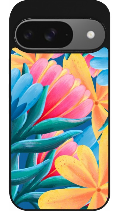 Google Pixel 9 / Pixel 9 Pro Case Hülle - Silikon schwarz Spring 23 colorful flowers