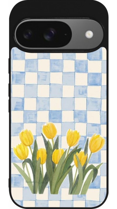 Coque Google Pixel 9 / Pixel 9 Pro - Silicone rigide noir Blue vichy tulips Spring 2026