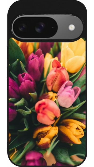 Coque Google Pixel 9 / Pixel 9 Pro - Silicone rigide noir Bouquet of tulips Spring 2026
