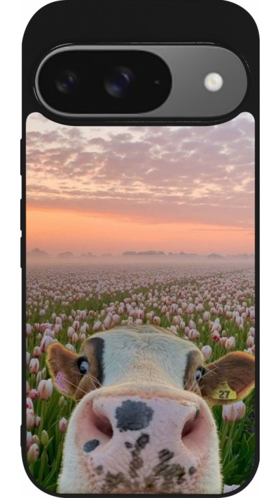 Coque Google Pixel 9 / Pixel 9 Pro - Silicone rigide noir Cow with tulips Spring 2026