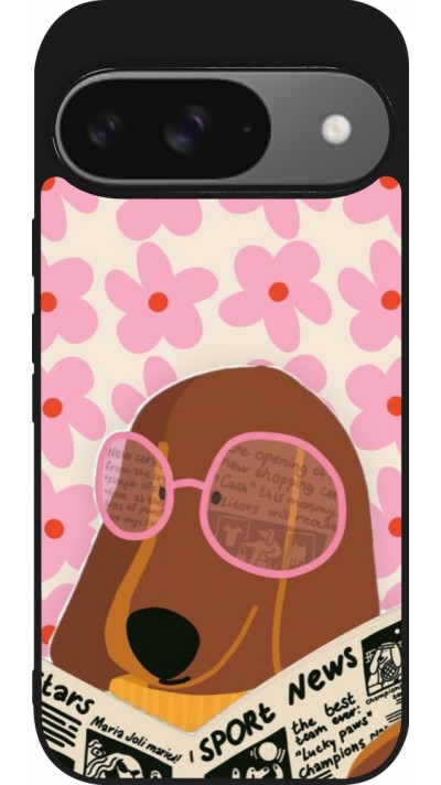 Coque Google Pixel 9 / Pixel 9 Pro - Silicone rigide noir Dog with newspaper Spring 2026
