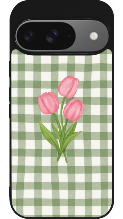 Coque Google Pixel 9 / Pixel 9 Pro - Silicone rigide noir Green vichy tulips Spring 2026