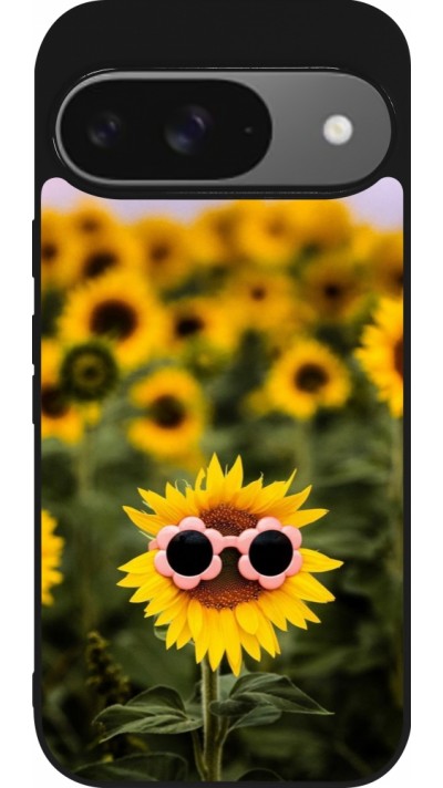 Coque Google Pixel 9 / Pixel 9 Pro - Silicone rigide noir Sunflower with glasses Spring 2026