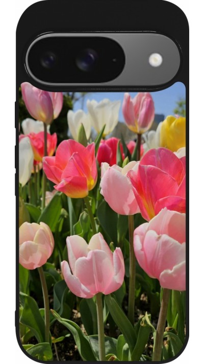 Coque Google Pixel 9 / Pixel 9 Pro - Silicone rigide noir Tulips Spring 2026