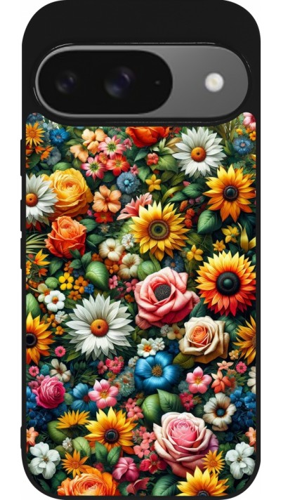 Google Pixel 9 / Pixel 9 Pro Case Hülle - Silikon schwarz Sommer Blumenmuster