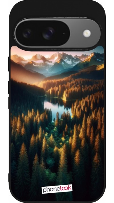 Google Pixel 9 / Pixel 9 Pro Case Hülle - Silikon schwarz Sonnenuntergang Waldsee