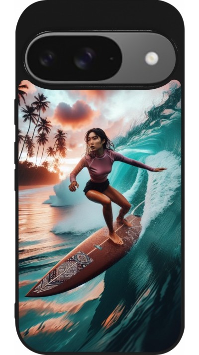 Google Pixel 9 / Pixel 9 Pro Case Hülle - Silikon schwarz Surferin aus Bali