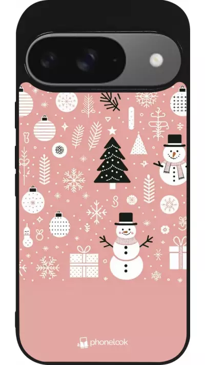 Coque Google Pixel 9 / Pixel 9 Pro - Silicone rigide noir Noël 2024 Rose Snowman Christmas