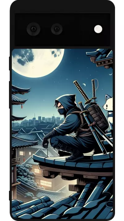 Coque Google Pixel 6 - Silicone rigide noir Ninja sous la lune