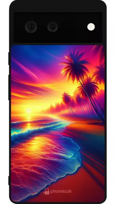 Coque Google Pixel 6 - Silicone rigide noir Plage coucher soleil flashy