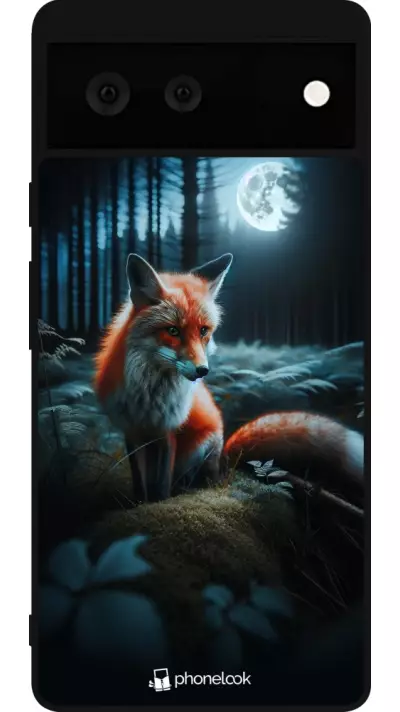 Coque Google Pixel 6 - Silicone rigide noir Renard lune forêt