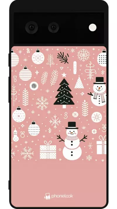 Coque Google Pixel 6 - Silicone rigide noir Noël 2024 Rose Snowman Christmas