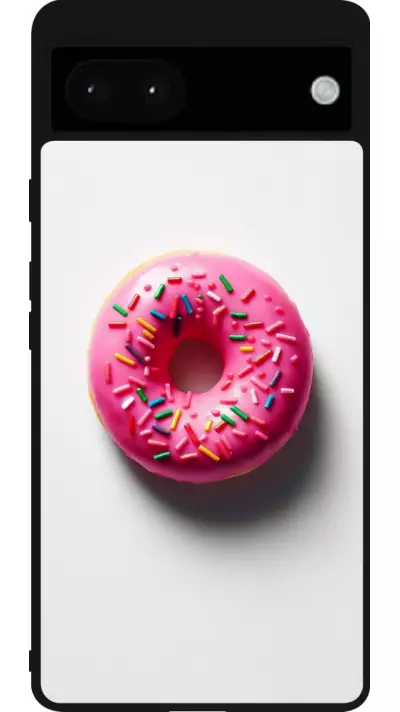Coque Google Pixel 6a - Silicone rigide noir Weißer Hintergrund, pinker Donut