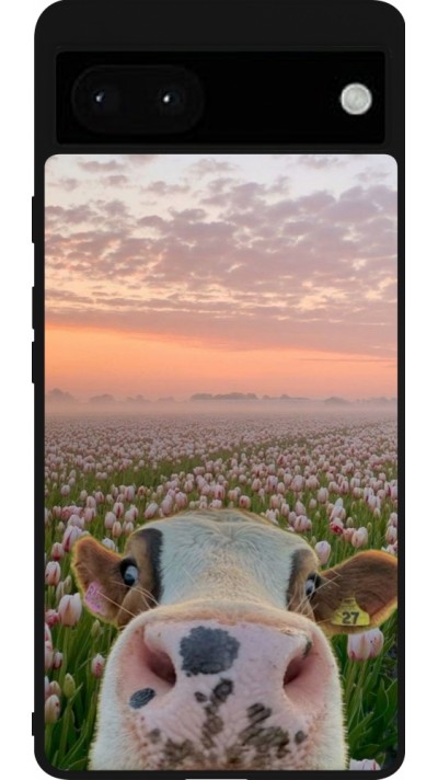 Coque Google Pixel 6a - Silicone rigide noir Cow with tulips Spring 2026