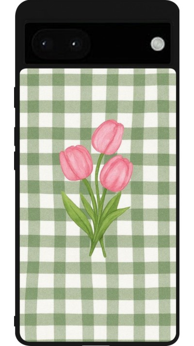 Coque Google Pixel 6a - Silicone rigide noir Green vichy tulips Spring 2026