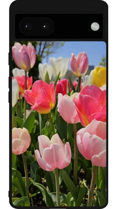 Coque Google Pixel 6a - Silicone rigide noir Tulips Spring 2026