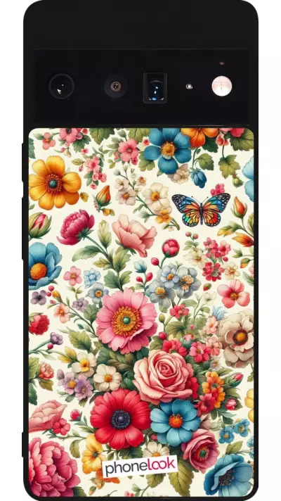 Coque Google Pixel 6 Pro - Silicone rigide noir Spring 25 printemps fleuri