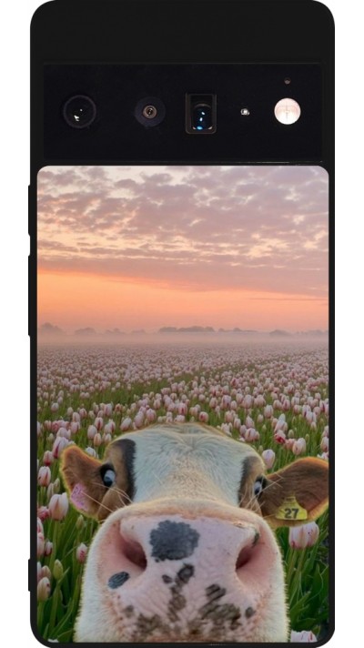 Coque Google Pixel 6 Pro - Silicone rigide noir Cow with tulips Spring 2026
