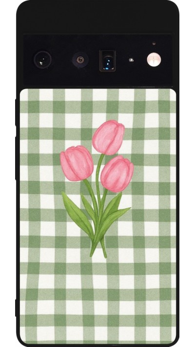 Coque Google Pixel 6 Pro - Silicone rigide noir Green vichy tulips Spring 2026