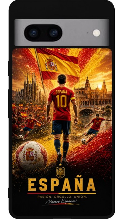 Coque Google Pixel 7a - Silicone rigide noir Football Espagne splash 2026