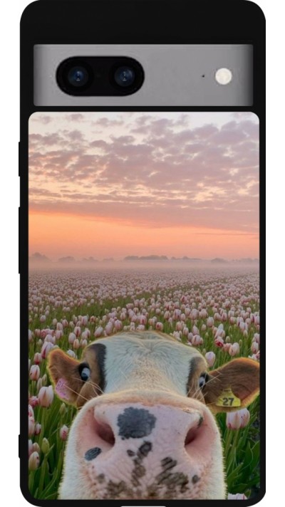 Google Pixel 7a Case Hülle - Silikon schwarz Cow with tulips Spring 2026