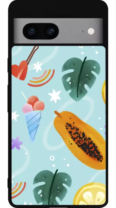 Coque Google Pixel 7a - Silicone rigide noir Summer 2025 Pattern papaya