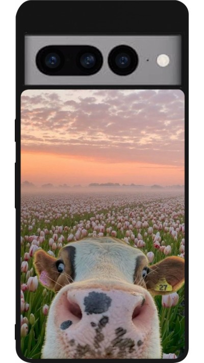 Coque Google Pixel 7 Pro - Silicone rigide noir Cow with tulips Spring 2026