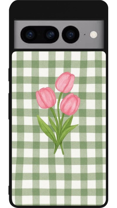 Coque Google Pixel 7 Pro - Silicone rigide noir Green vichy tulips Spring 2026