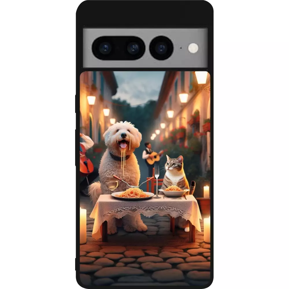 Coque Google Pixel 7 Pro - Silicone rigide noir Valentine 2024 Dog & Cat Candlelight