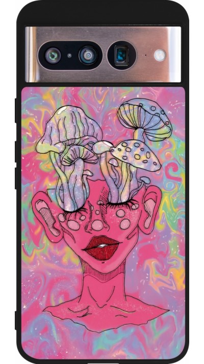 Coque Google Pixel 8 - Silicone rigide noir Psychedelic pink mushroom