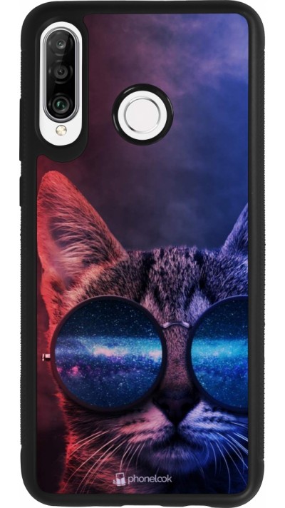 Huawei P30 Lite Case Hülle - Silikon schwarz Red Blue Cat Glasses