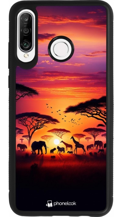 Huawei P30 Lite Case Hülle - Silikon schwarz Safari Sonnenuntergang Wildtiere