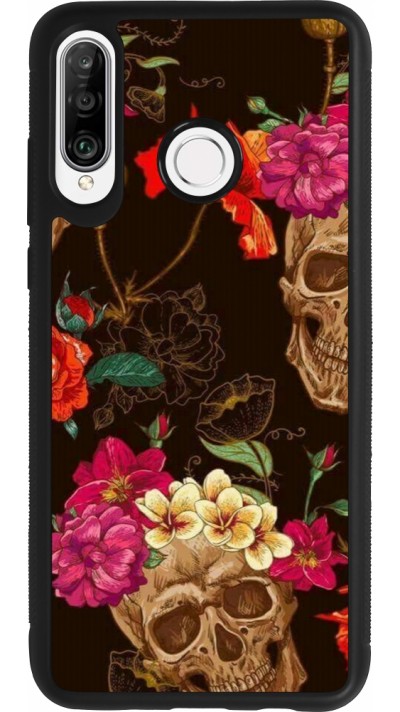 Huawei P30 Lite Case Hülle - Silikon schwarz Skulls and flowers