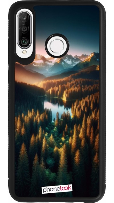 Huawei P30 Lite Case Hülle - Silikon schwarz Sonnenuntergang Waldsee