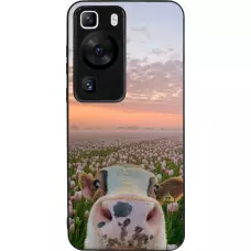 Coque Huawei P60 - Silicone rigide noir Cow with tulips Spring 2026