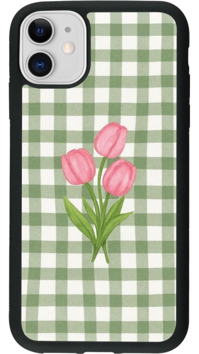 Coque iPhone 11 - Silicone rigide noir Green vichy tulips Spring 2026