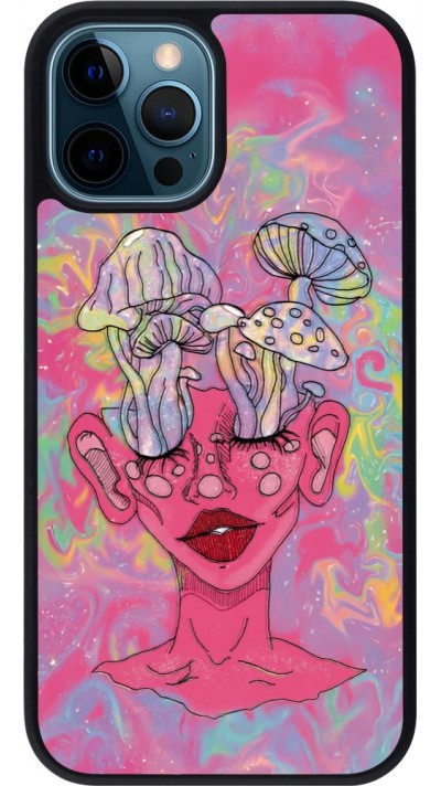 Coque iPhone 12 / 12 Pro - Silicone rigide noir Psychedelic pink mushroom