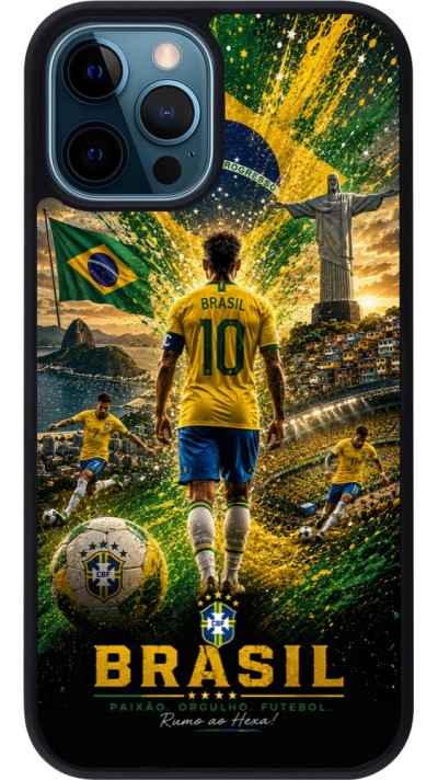 Coque iPhone 12 / 12 Pro - Silicone rigide noir Football Brésil splash 2026