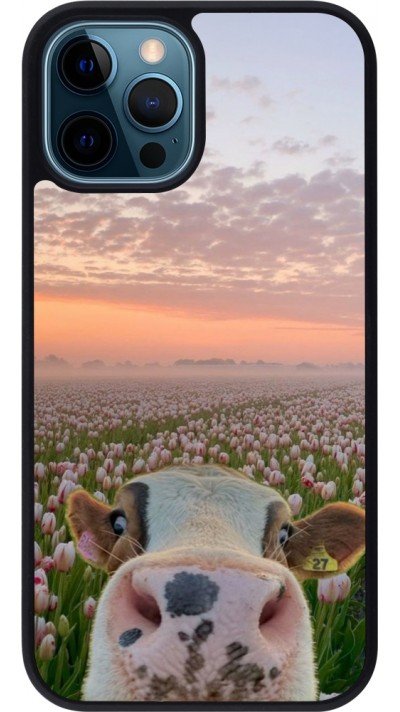 Coque iPhone 12 / 12 Pro - Silicone rigide noir Cow with tulips Spring 2026
