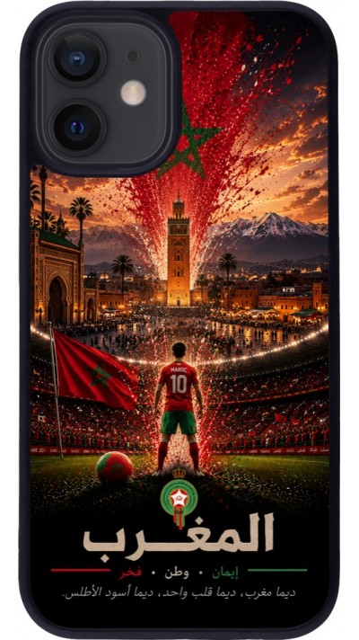 Coque iPhone 12 mini - Silicone rigide noir Football Maroc splash 2026